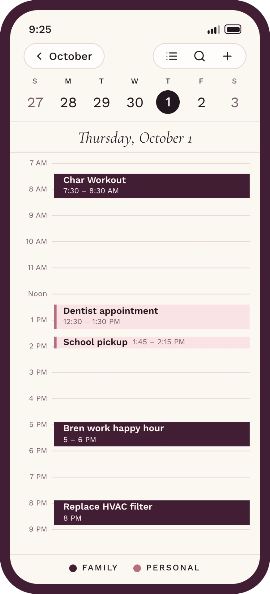 A phone showing one day of the family calendar: workouts, appointments, school pickup and household tasks, with family and personal events color-coded.