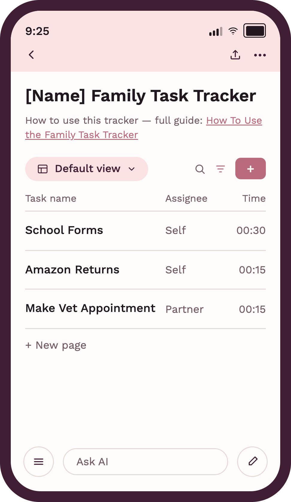 Family Task Tracker in Notion showing the Default view with tasks and assignees