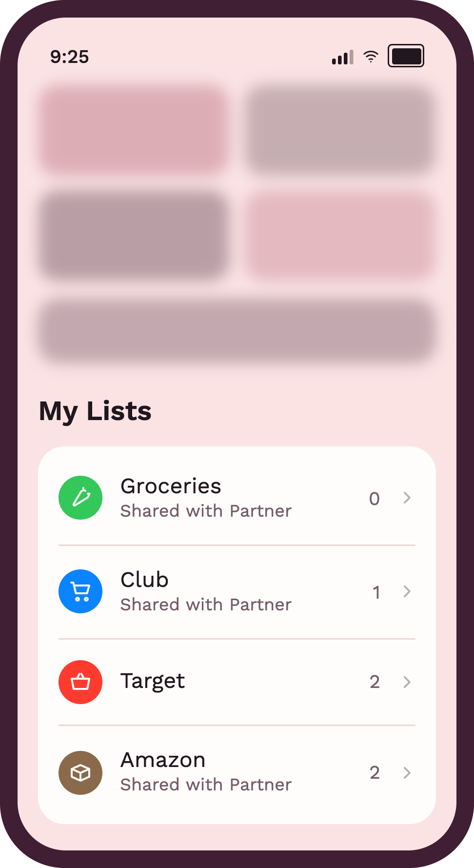 iPhone Reminders showing the four lists: Groceries, Club, Target and Amazon