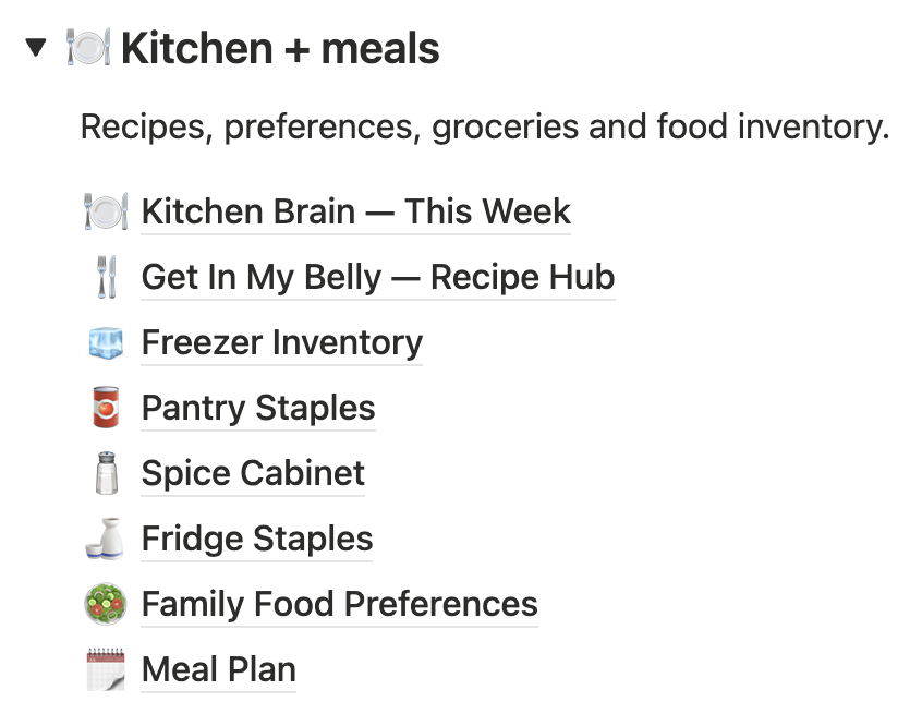 Kitchen and meals hub in Notion, the entry point to recipes, inventory and the weekly plan