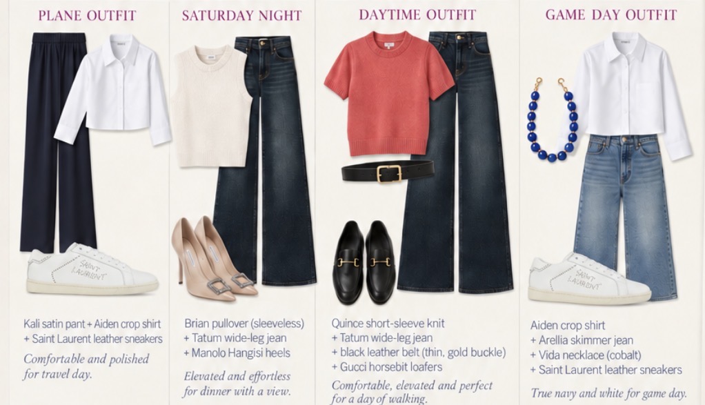 Outfit plan grid with plane, Saturday night, daytime and game day outfits