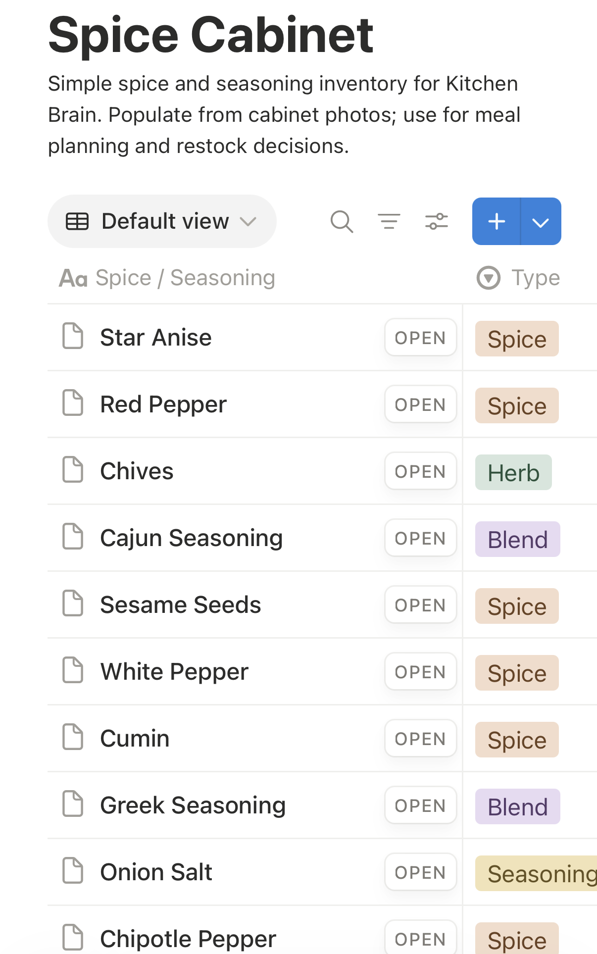 The Spice Cabinet in Notion, with Spice / Seasoning, Type, Status and Last Verified columns