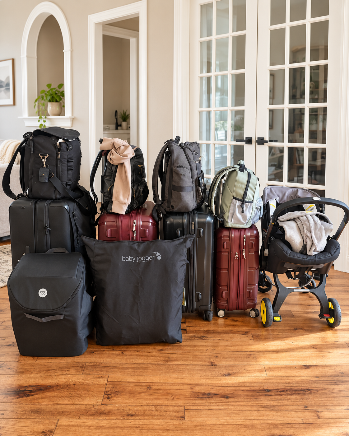 Everything packed for a month in Europe with two adults and two young children