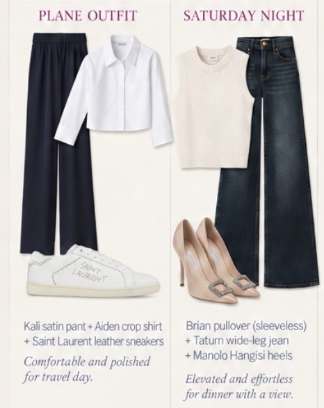 Outfit plan with a comfortable plane outfit and an elevated Saturday night look