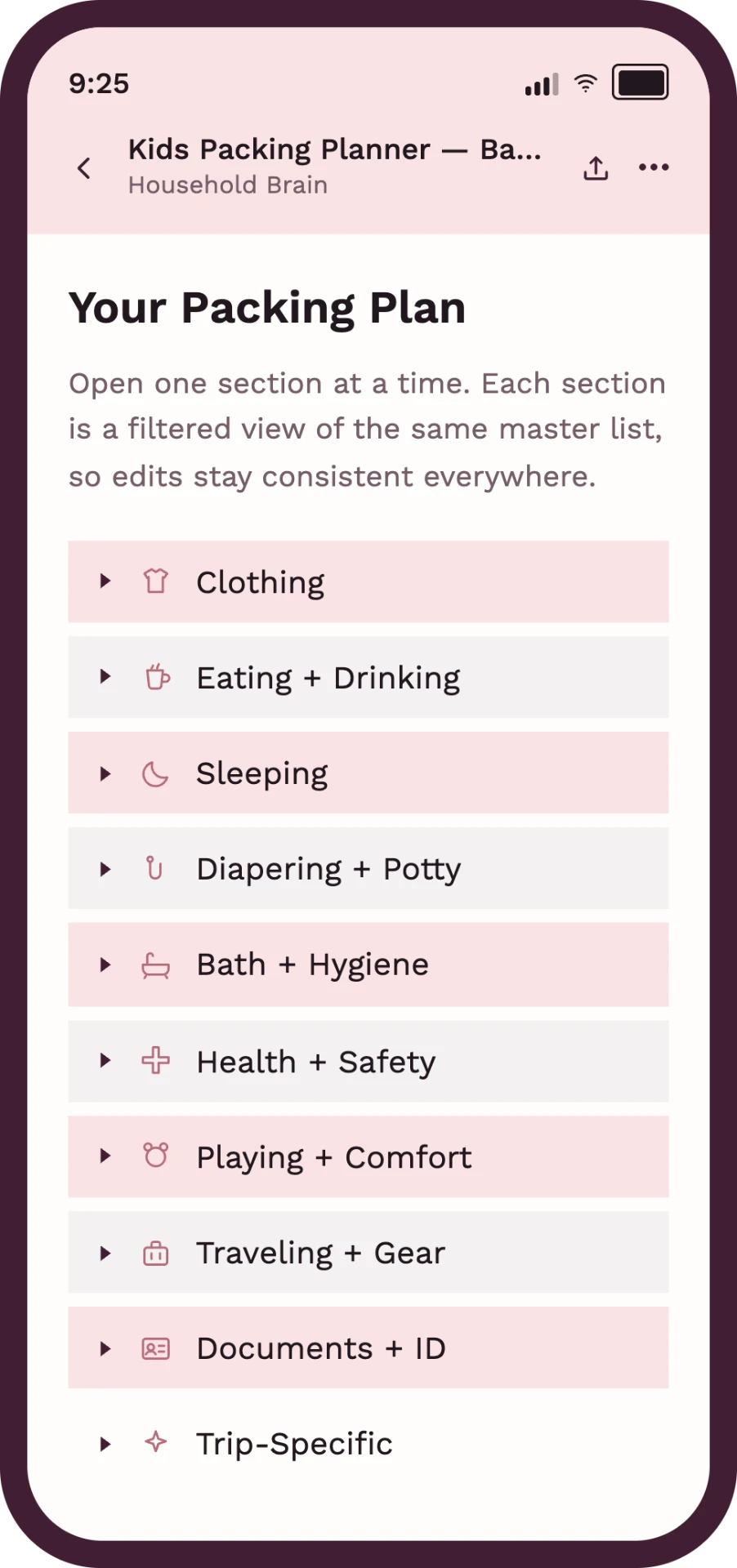 Kids Packing Planner showing packing sections like Clothing, Sleeping and Bath + Hygiene