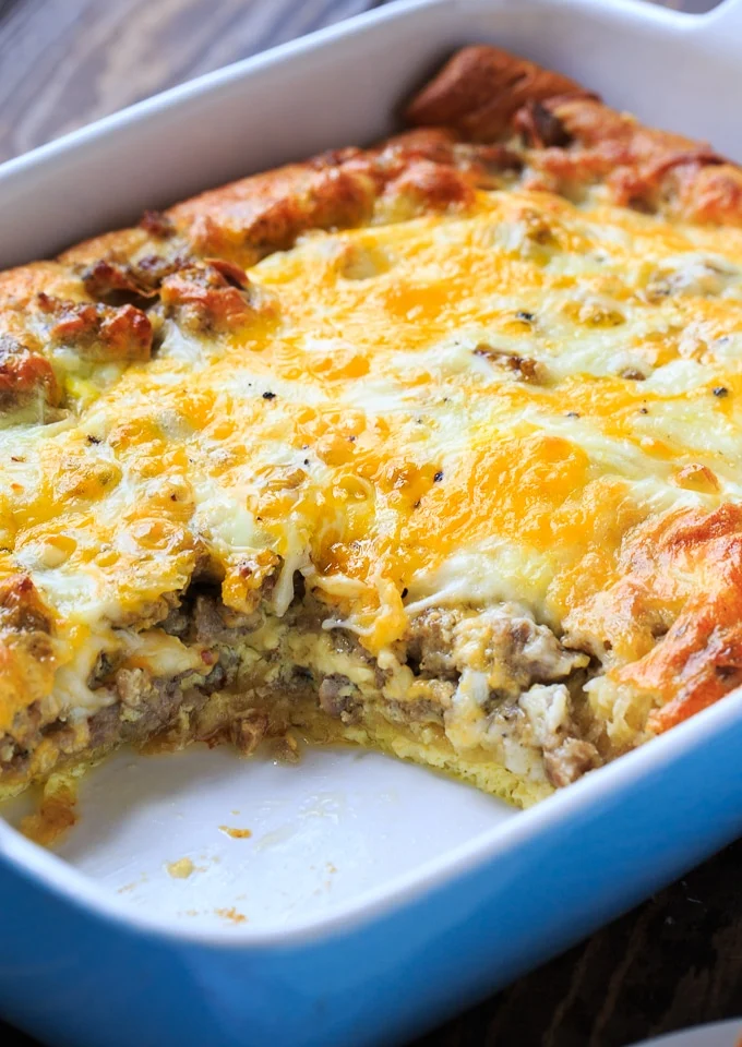 Sausage and crescent roll breakfast casserole baked golden in a 13x9 pan