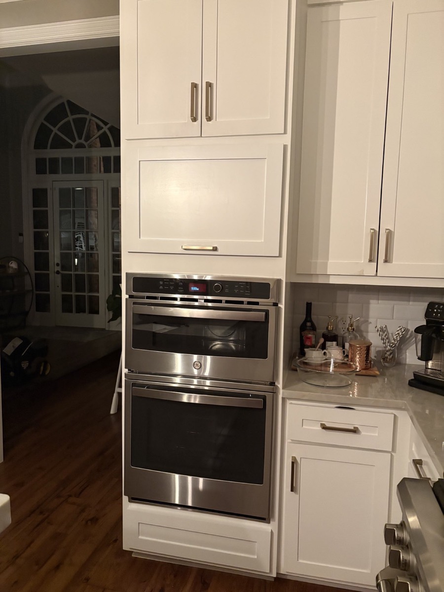 No before pic but this is the after. Microwave used to be at the height of the flip up cabinet! Major upgrade in convenience for us.